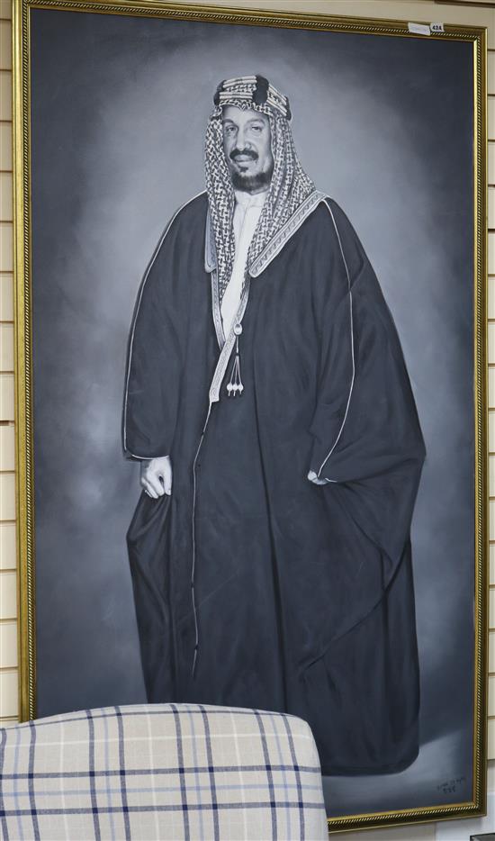Saudi Arabian School, oil on canvas, Portrait of HRH Prince Salman, signed and dated 99, 170 x 100cm
